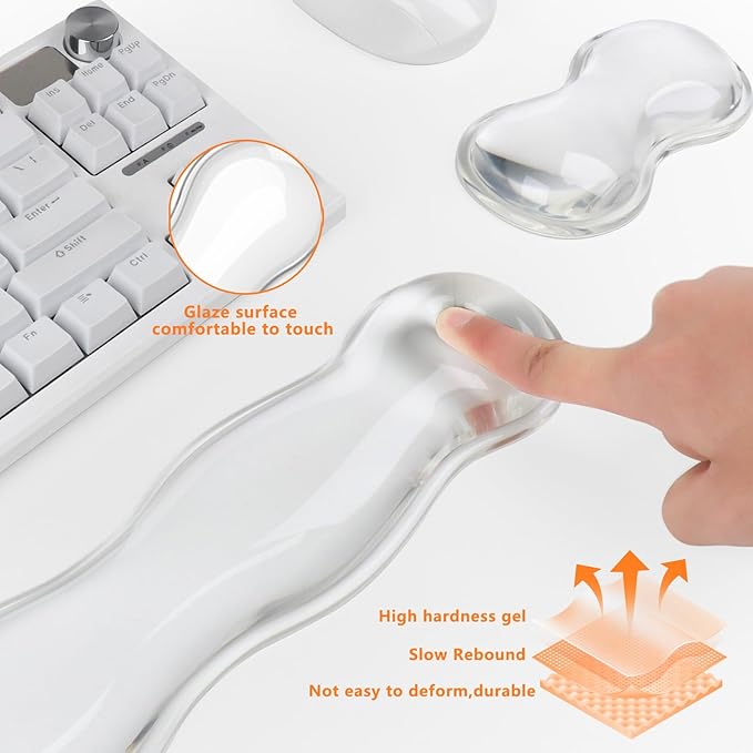 Gel Keyboard Wrist Rest, Cute Wrist Support and Arm Support Keyboard Rest for Keyboard and Mouse Typing Pain Relief，Suitable for Office/Computer/Laptop/Gaming（Transparent White Set ）