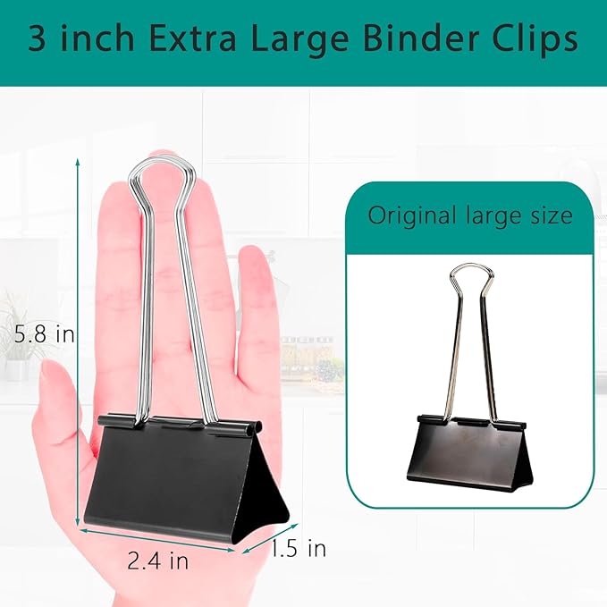 2.4 inch Wide 7" Long Jumbo Binder Clips - 12 Pack Black Extra Large Heavy Duty Paper Clamps for Office School Supplies Home Organization