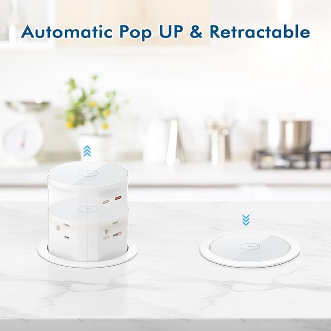 BTU Pop Up Outlet for Countertop with 15W Wireless Charger, 20W USB C Fast Charging & 4 AC Outlet, 3 1/2” Hole Desk Charging Station Pop Out Outlet for Office, Conference, Kitchen Use
