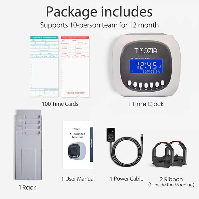 Time Clocks for Employees Small Business, Auto-Align Time Clock, 6 Punches per Day Time Machine | Clock in Machine for Employees with 100 Time Cards, 2 Ink Ribbons(1 Inside) and 1 Rack