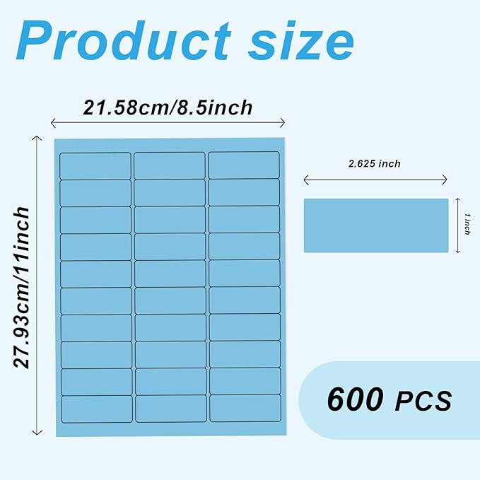 1" x 2-5/8" Colored Address Labels, 600 Bright Lake Blue Label Stickers- Laser/Ink Jet Printer Mailing Labels, 8.5"x11" 20 per Sheet