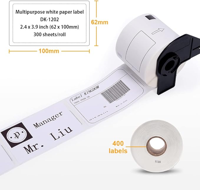 Label KINGDOM Replace DK-1202 White Paper Shipping & Postage Label, 2.4" x 3.9" (62mm x 100mm), 300 Labels Per Roll for Brother QL-800 Label Printer (8 Rolls+ 1 Frame)