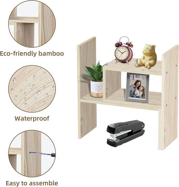 TY ARTS & CULTURE - Expandable Wood Desktop Storage Organizer Multipurpose Desk Bookshelf Display Shelf Rack Counter Top Bookcase for Office Home | Natural Beige