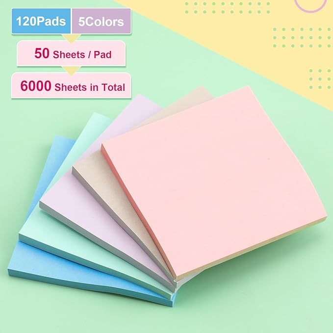 Fainne 120 Pack Sticky Notes Bulk 3 x 3 inch Self Stick Note Pads Multicolor Paper Memo for Office School Supplies Student Teacher Classroom Back to School Essentials, 50 Sheet/Pad(Cute Color)