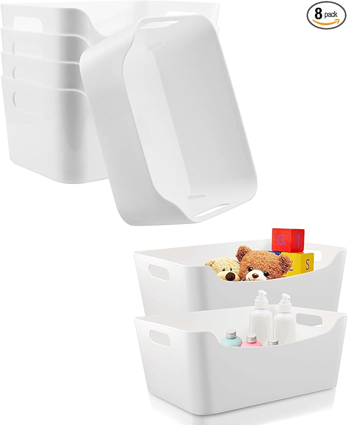 M - 8 Pack White Plastic Storage Bins for Shelves, Closet Kitchen Storage Containers for Pantry Bathroom Office Organization Baskets, Cabinet Organizing Containers, White Organizer Bins for Shelves