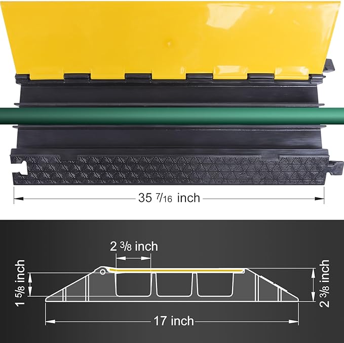 Rubber Cable Protector Ramp, Heavy Floor Cable Wire Cord Cover Speed Bumps 22000Lbs Load Capacity, Driveway Hose Cable Ramp Protective Cover for Indoor and Outdoor (3-Channel x 2Pcs)