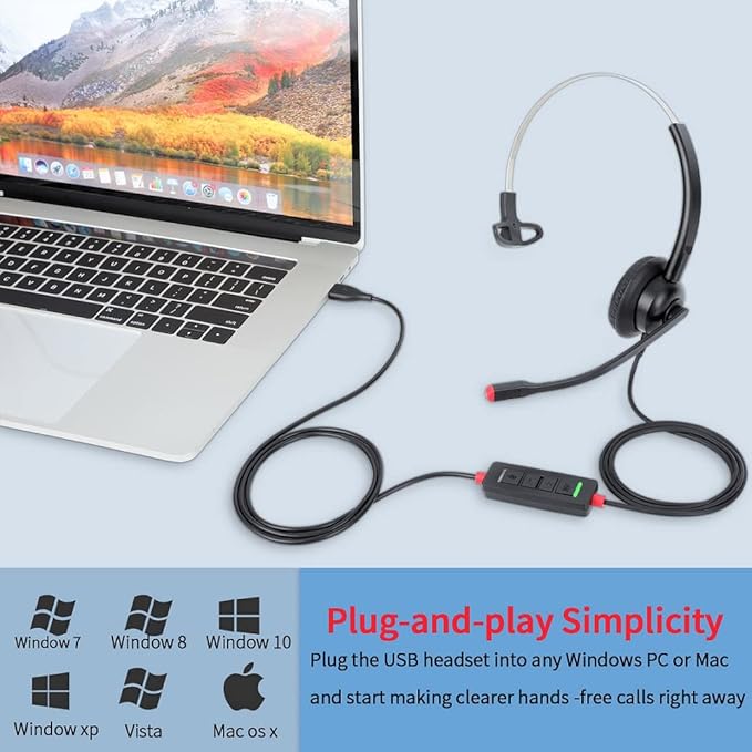 USB Headset with Microphone for PC Laptop Computer Headphone Noise Cancelling Mic for Home Office Online Class Teams Zoom