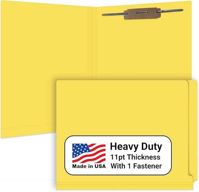 Yellow Medical File Folder, USA Made, Doctor Stuff, One 2" Bonded Fastener Top Right Position 1, Durable 11pt, Reinforced End Tab File Folders with Prong, Medical Charts/Patient Chart, 50/Box
