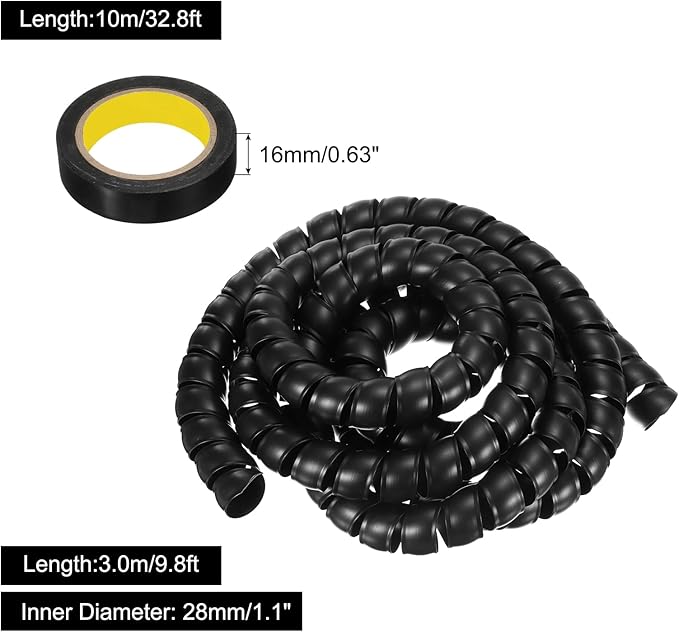 MECCANIXITY Spiral Cable Wrap 9.8ft/3.0M 28mm Cable Management Sleeve PP Insulation Cord Organizer for Computer Wire Power Cable Gas Pipe Black with Tape