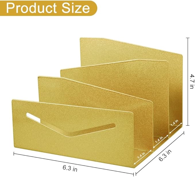Picowe Metal Desk Mail Organizer Mail Holder, 3 Slots Letter Holder Organizer Envelope Organizer for Home Office (Gold)