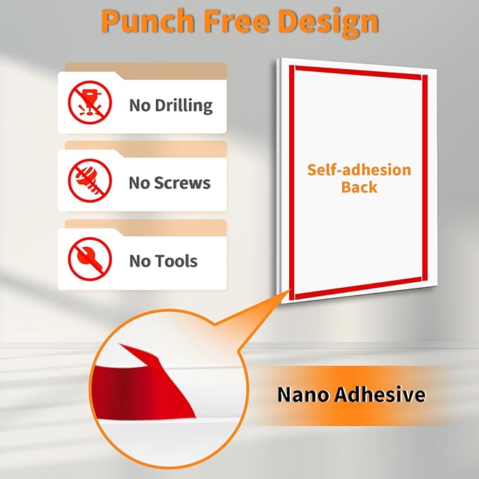 12 Pack 8.5x11 Acrylic Sign Holder Wall Mount with Framed Border, Peel & Stick Adhesive & 180° Flip Design - Single-Sided Clear Plastic Display for Menu, Poster, Flyer (Horizontal/Vertical) - Office, Home, Restaurant,No Drilling