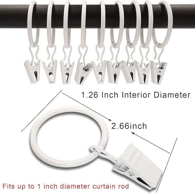 LLPJS 100 Pack Curtain Rings with Clips, Curtain Clip Rings Hooks, Bow Hanger Clips for Hanging Drapery Drapes Bows, Ring 1.26 inch Interior Diameter, Fits up to 1" Rod, White