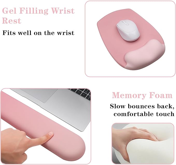 Wrist Rest Support for Mouse Pad and Keyboard Set, Ergonomic Gel Computer Keyboard Wrist Rest with Memory Foam for Long Hours of Work, Gaming, Studying-Relieve Wrist Pain (Pink)