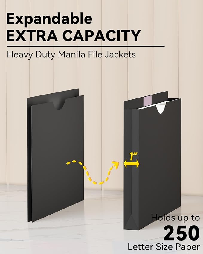 ANSOOK Plastic File Jackets & File Pockets,12 Pack Manila File Folders Letter Size,Heavy Duty Expanding Manila File Jackets, Reinforced Straight Cut Tab,1 inch File Jacket Folders