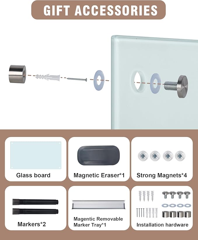 Mifuro Magnetic Glass Whiteboard，36"x24" Wall Mounted Frameless Dry Erase Board for Office, Home & School White