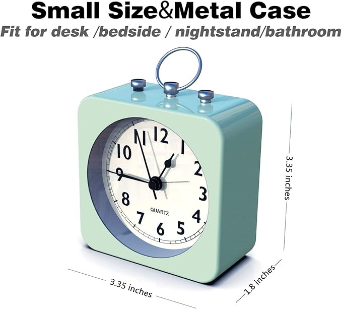 AYRELY® Battery Operated Alarm Clock with Square Metal Case,No Ticking Analog Quartz, Simple Operation for Bedroom/Travel/Desk/Kids(Green)