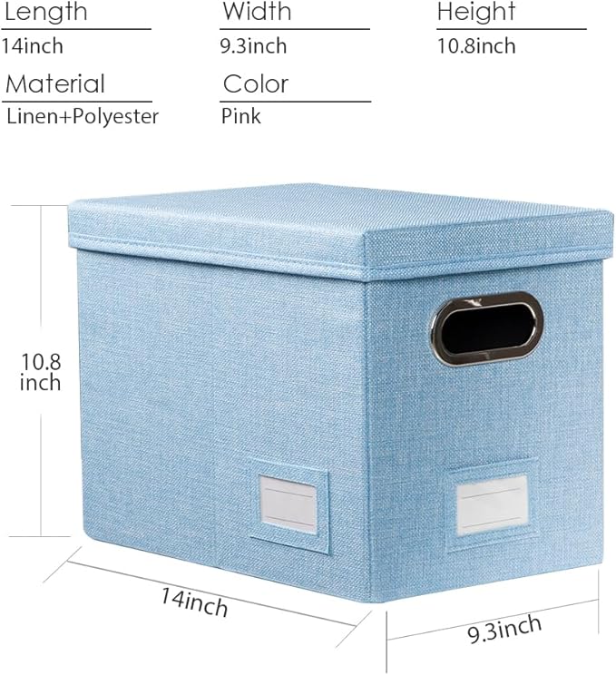 PRANDOM File Organizer Box - Set of 2 Collapsible Decorative Linen Filing Storage Hanging File Folders with Lids Office Cabinet Letter Size Blue (14x9.3x10.8 inch)