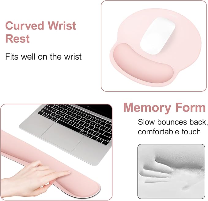 MOSISO Wrist Rest Support for Mouse Pad&Keyboard Set, Streamline Ergonomic Mousepad&Coaster Non-Slip Base Home/Office Pain Relief&Easy Typing Pad with Soft Cloth&Silicone Lining, Chalk Pink