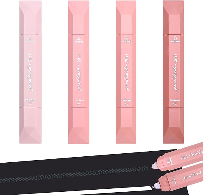 Temiary 4 Pcs 2 in 1 White Correction Tape and Double Sided Roller Set, Aesthetic Smooth Pull Out Tapes with Adhesive Glue Tape Roller Runner for School Office Supplies (Pink)