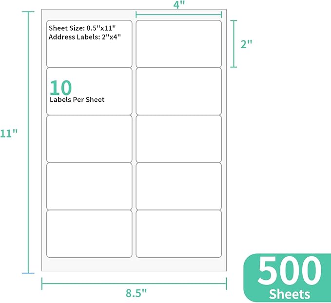 InpourPack 500 Sheets 10 up Labels, 2" x 4" Sticker Printer Paper for Laser/Inkjet Printer, Mailing Blank Labels, Self Adhesive Customizable