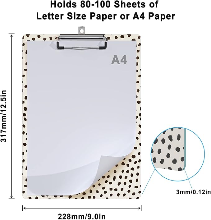 Clipboard Design Decorative Wood A4 Letter Size Clip Boards for Classroom Office, Standard Size 9" x 12.5" with Low Profile Metal Clip - Spots Leopard
