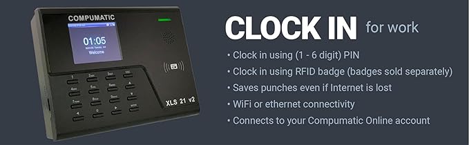 COMPUMATIC PIN Entry and RFID Time Clock with Online Cloud Hosted Software, Automatic Real-Time Punch Upload with WiFi or Wired Ethernet Connection