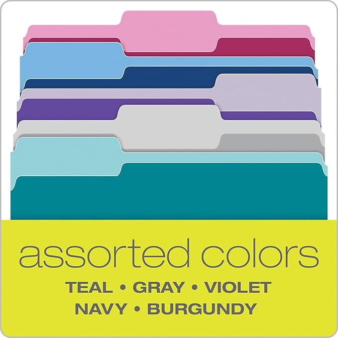 Pendaflex Two Tone Color File Folders, Letter Size, Assorted Colors (Teal, Violet, Gray, Navy and Burgundy), 1/3-Cut Tabs, 5 Color, 100/Box, (02315)