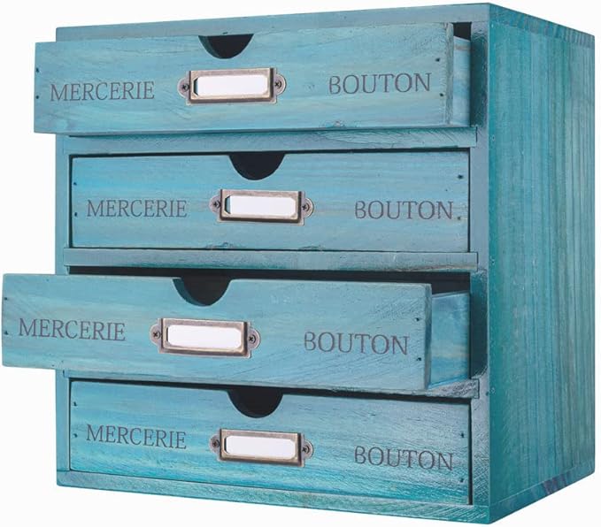 Wooden Storage Box with 4 Drawers Vintage Office Supplies and Accessories Letter Tray Wood Desktop School Supply Organizer Library Card Catalog Cabinet with Lables Rustic Jewelry Box (BLUE)