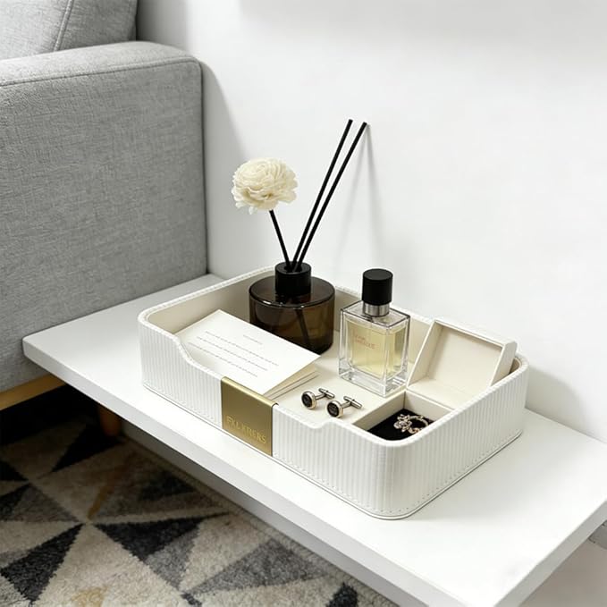 Valet Tray Nightstand Storage Organizer - PU Leather Desktop Storage Organizer Catchall Tray for Watch Wallet Phone Keys White|Beige (White)