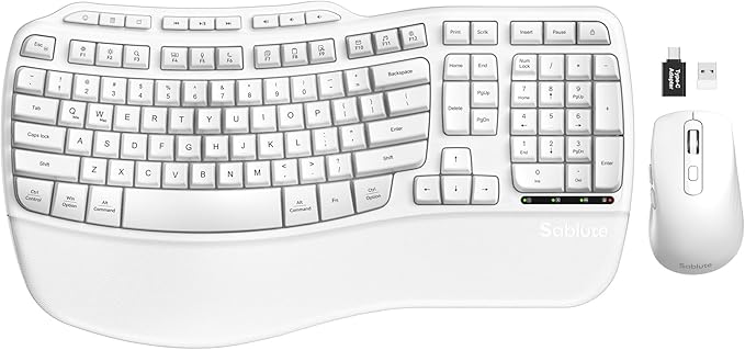 White Ergonomic Wireless Keyboard and Mouse Combo, 2.4G Full Size Ergo Wave Key Board with Cushioned Plam Rest, Natural Typing, 3 DPI Adjustable Silent Mouse for Computer/Laptop/Windows/Mac - Sablute