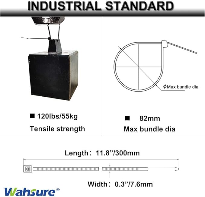 Heavy Duty Zip Ties 12 Inch Thick 120 Lbs,Industrial UV Resistant Wiring Cable Tie Straps Durable Strong Outdoor 100 Pcs,Black