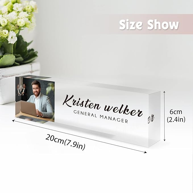Desk Name Plate Personalized, Custom Name Plates for Desks, Office Desk Decor, Clear Acrylic Glass Block with Photo, Personalized Office Gifts for Women Men Coworkers Boss Teachers, Appreciation Gifts