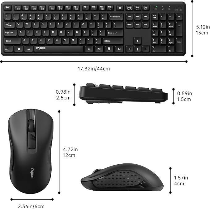 Rapoo X2100 Quiet Wireless Keyboard and Mouse Combo, 2.4GHz USB Receiver, 12 Multimedia Keys, Spill-Proof, Full-Sized, Compatible with PC, Laptop, Black