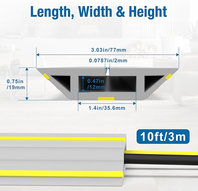 Eapele Floor Cable Cover Protector,Heavy Duty PVC Duct Easy to Unroll,Prevent Cable Trips and Protect Wires,Perfect for Home Office or Outdoor (Gray - 10ft)