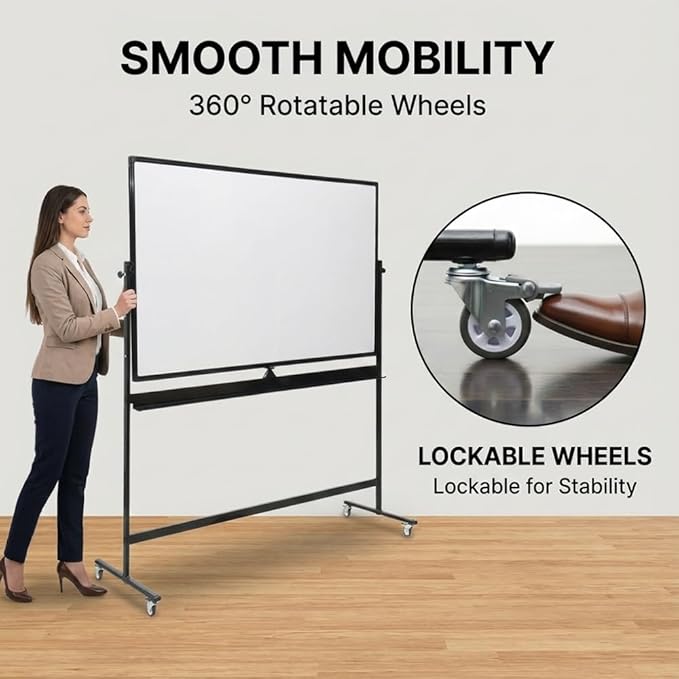 Large 72x40 Inch Mobile Whiteboard, Double-Sided Magnetic Dry Erase Board on 360-Degree Rolling Stand, Height-Adjustable, Reversible for Office, Classroom & Home Use