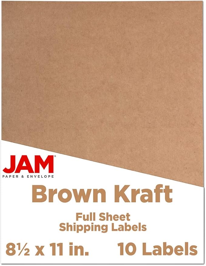 JAM PAPER Full Sheet Shipping Labels - Printable Sticker Paper - 8 1/2 x 11 - Brown Kraft - 10 Full Pages/Pack