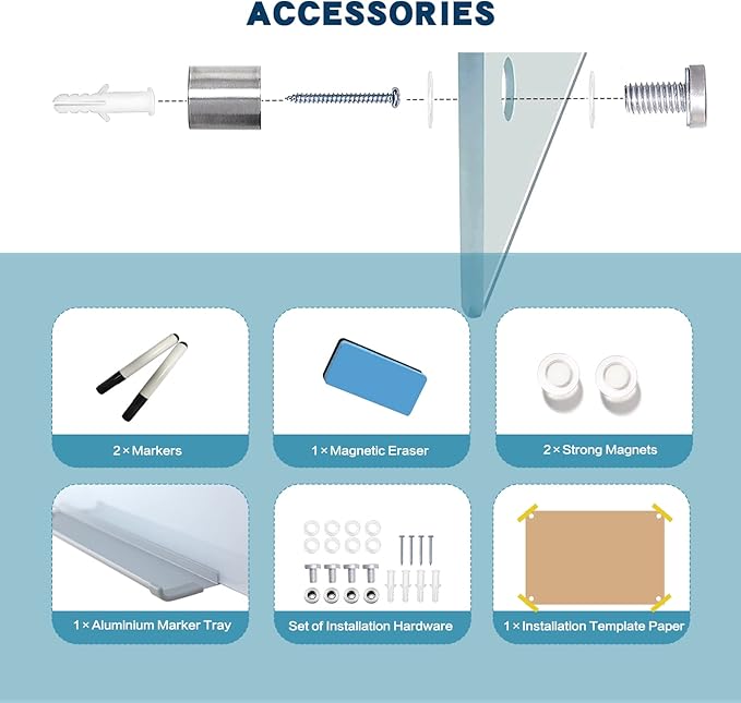 Magnetic Dry Erase Glass WhiteBoard - Frameless Wall Mounted Glass White Board for School Teaching Office Meeting 24"x36"