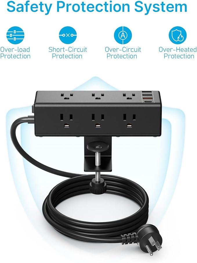 CCCEI Desk Clamp Power Strip with 9 Outlets, Desktop Edge Mount Surge Protector with USB-A and 45W USB-C Ports, Widely Spaced Desk Outlet Fast Charging Station, 4 FT Flat Plug, Fit 1.6 inch Table.