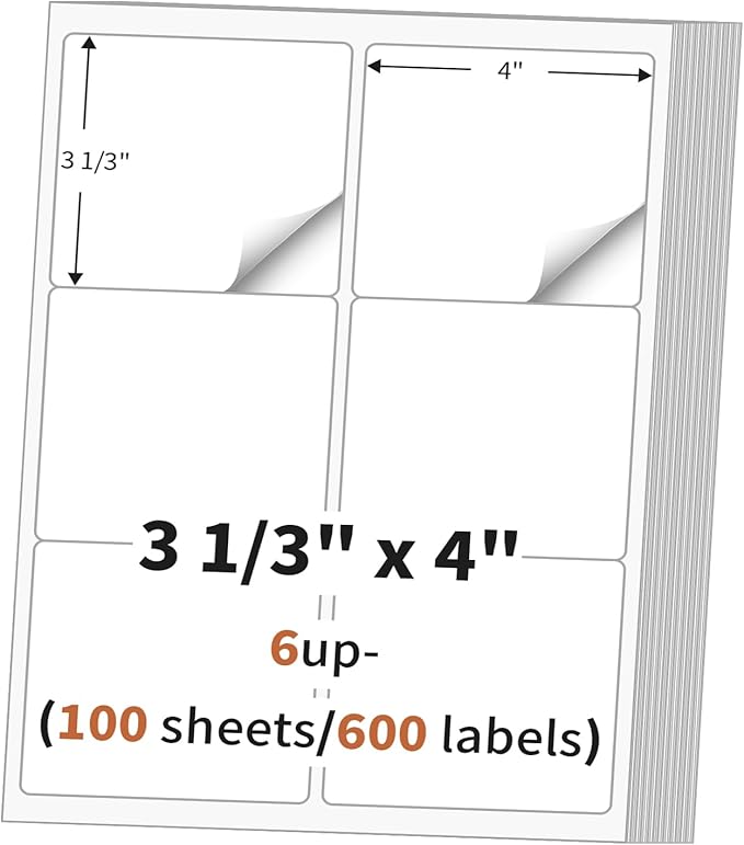MultiLabel 3 1/3" x 4" (100 Sheets) Address Labels, 600 Labels, White, Matte, Laser/Ink Jet Printer Compatible