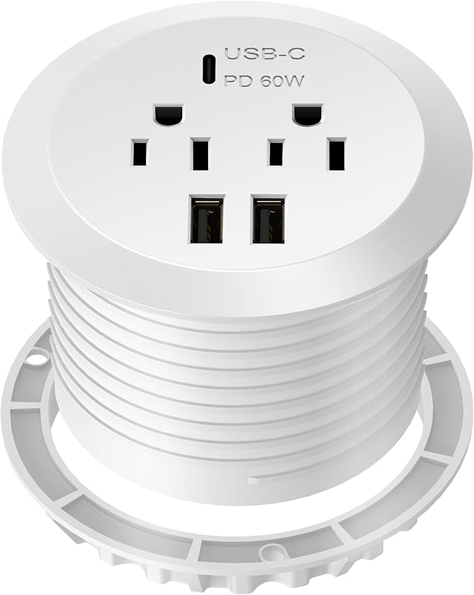 TOPGREENER Desktop Power Grommet With 65W PD Fast Charging USB C, GaN Desk for MacBook, 2 USB-A Ports and Duplex Receptacles, 3" Diameter, TTRP48APD60-W, White