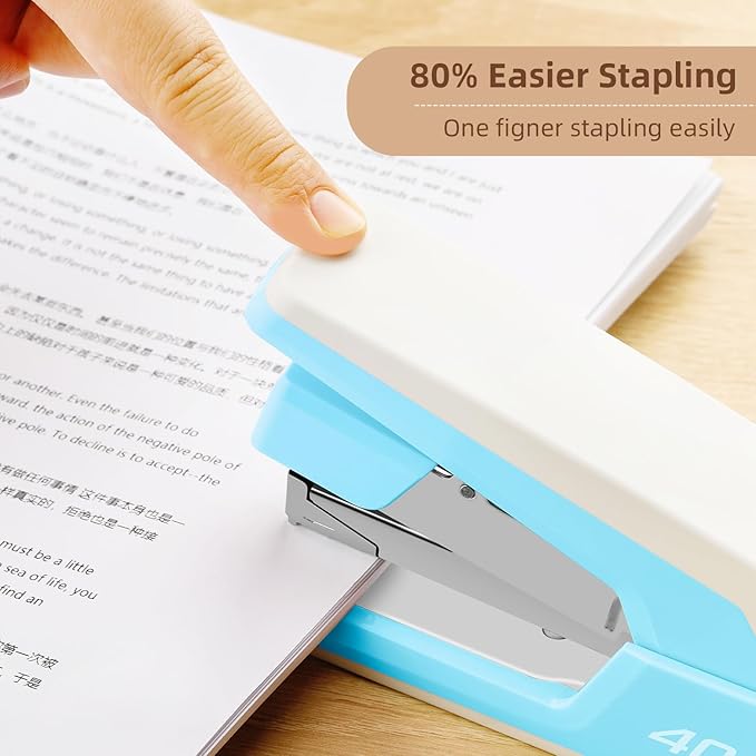 Deli Effortless Desktop Stapler, Heavy Duty Stapler, 40-50 Sheet Capacity, One Finger, No Effort, Includes 1500 Staples & Staple Remover, Sky Blue