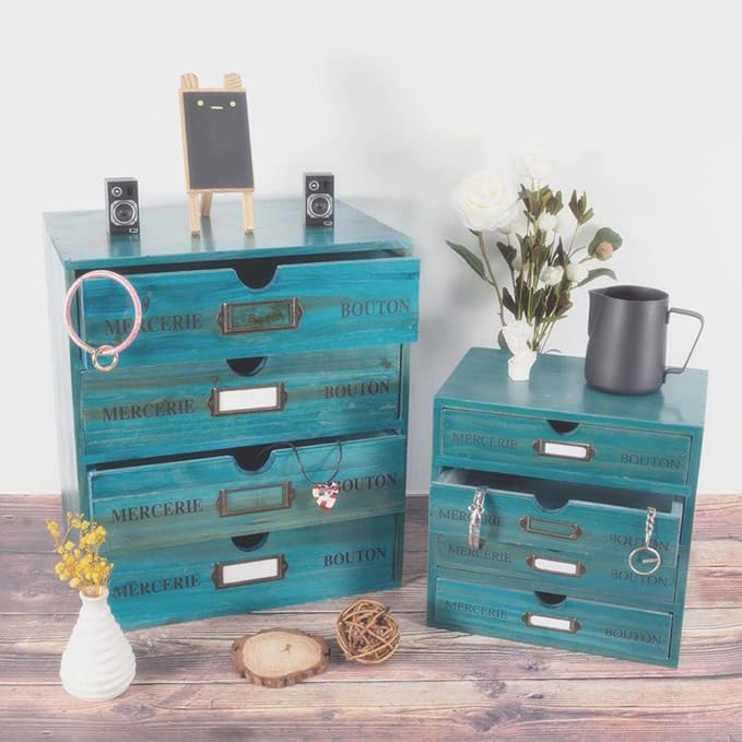 Wooden Storage Box with Drawers Vintage Office Supplies and Accessories Letter Tray Wood Desktop File Organizer 4 Tier Paper Sorter School Supply Holder Rustic Jewelry Box (LARGE BLUE)