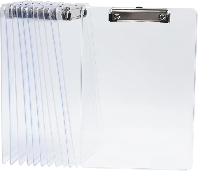 Dovesail 12 Pack Plastic Clipboards A4 Letter Size, 12.5" x 9" Clear Clipboards Bulk, Hangable Clip Boards with Low Profile Metal Clip,Office Supplies Classroom
