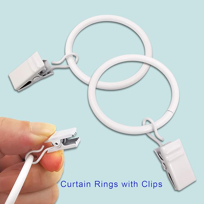 AMZSEVEN 100 Pack Metal Curtain Rings with Clips, Drapery Clips Hooks, Decorative Curtain Rod Clips 1.5 in Interior Diameter, Rustproof White