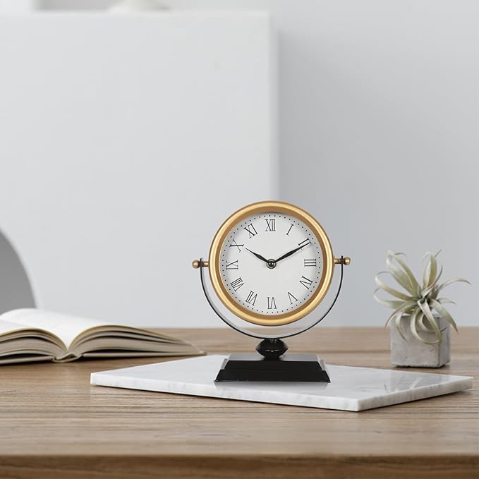 Desk Clock - Classic Vintage Clock and Decorative Shelf Decor,Silent Non-Ticking Clock with Distressed Metal Frame for Office, Living Room or Bedroom