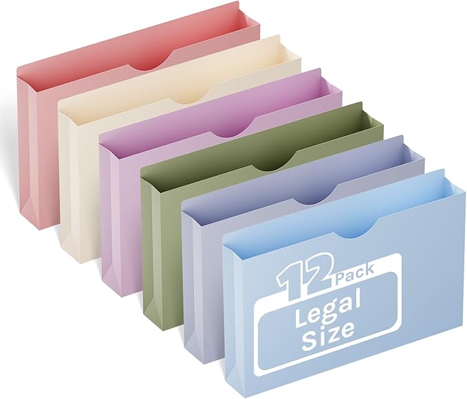 ANSOOK Plastic Manila File Jackets & File Pockets,Extra Capacity 2" Legal Size Manila Job File Folder,12 Pack Expansion Project File Jackets,Heavy Duty Legal File Cabinet Folder with Straight Cut Tab