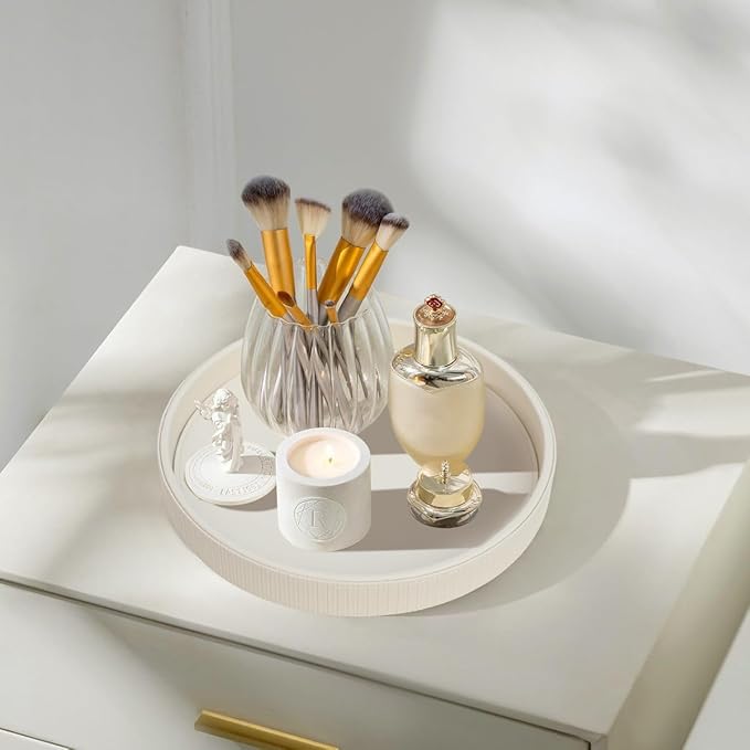 HofferRuffer Round Decorative Tray, Faux Leather Vanity Tray Decor, Decorative Catchall for Perfume, Bathroom Valet, Nightstand or Dresser, 12 x 12 x 1.6 inches (CreamWhite Stripe)