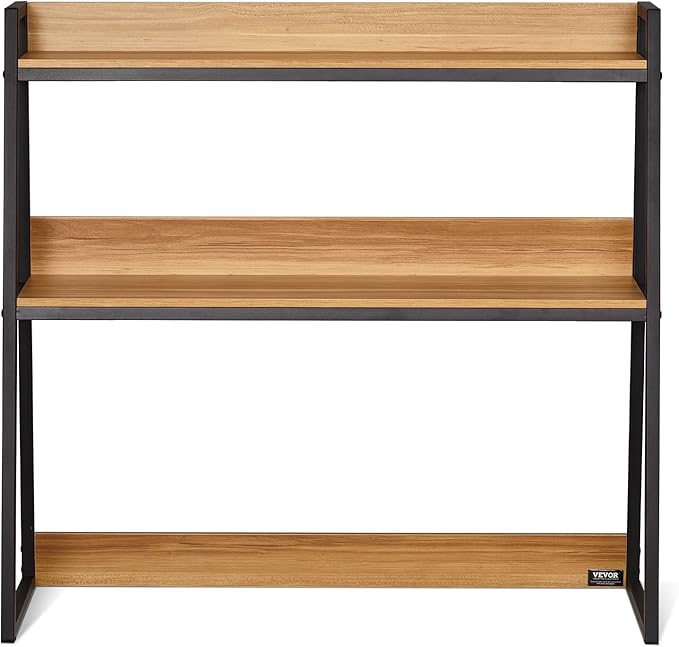 VEVOR 2-Tier Desktop Storage Organizer, 37.4" x 12.6" x 35.4" Office Storage Rack, Wood Color Display Shelf, Desktop Bookshelf Hutch with Anti-Slip Feet Pads, for Office, Home & Dorm