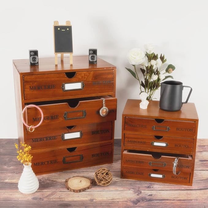 Wooden Storage Box with Drawers Vintage Office Supplies and Accessories Letter Tray Wood Desktop File Organizer 4 Tier Paper Sorter School Supply Holder Rustic Jewelry Box (LARGE BROWN)