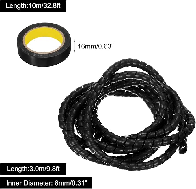 MECCANIXITY Spiral Cable Wrap 9.8ft/3.0M 8mm Cable Management Sleeve PP Insulation Cord Organizer for Computer Wire Power Cable Gas Pipe Black with Tape